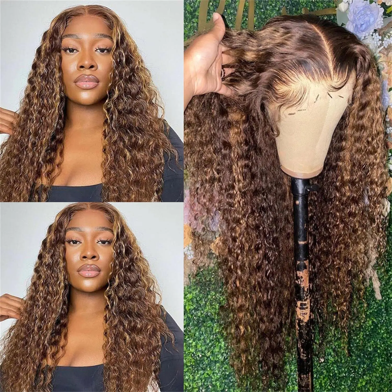 Deep Wave Highlight Honey Brown Curly Lace Front Human Hair Wigs 13x4 4x4 30 Inch Remy Ombre Colored Lace Frontal Wig For Women