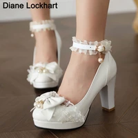 summer 2022 ladies 2 5 platform cute bow lace princess mary jane lolita shoes party 10cm high heels buckle pumps big size 43