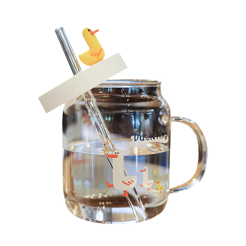 

Water Cup Female Ins Style Transparent Straw Glass Cup with Handle Portable Creative Cute Cup with Lid Large Capacity Household