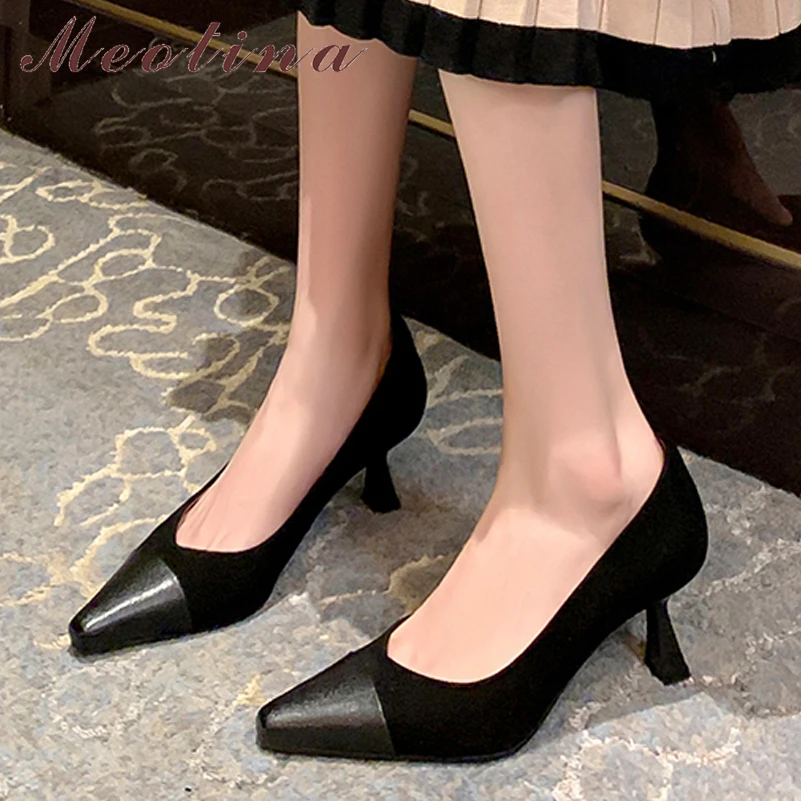 

Женские замшевые туфли Meotina, весенние туфли-лодочки из натуральной кожи, с круглым носком, на высоком каблуке, абрикосового цвета