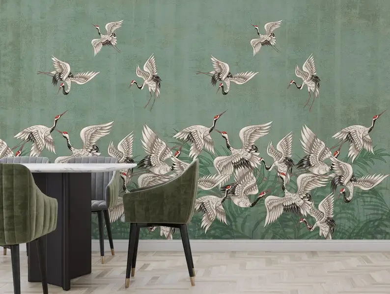 

Crane Birds Wallpaper. Peel and Stick. Vintage Crane Birds Wall Mural, Removable Wallpaper. Chinese Birds Mural. Customizable Wa