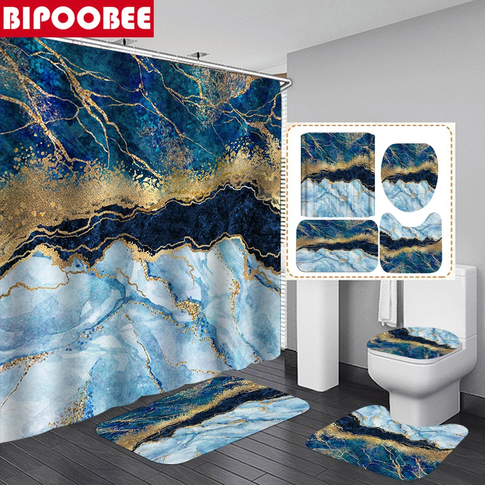 Blue Gold Marble Mosaic with Golden Veins Bathroom Shower Curtains Toilet Lid Cover Mats Non-Slip Carpet Bath Rugs Home Decor