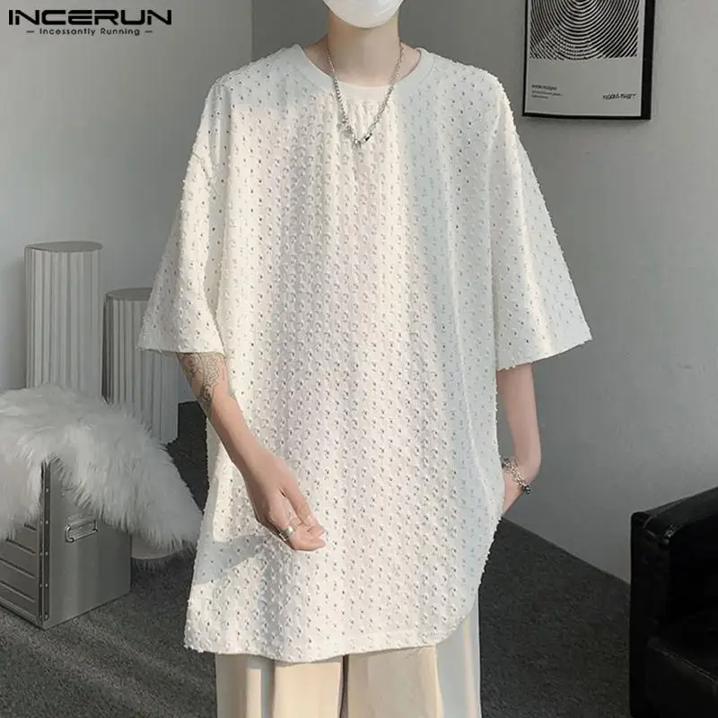 

Casual Party Style Tops INCERUN New Mens Perforated Design All-match Loose T-shirts Male Solid O-Neck Half Sleeve Camiseta S-5XL