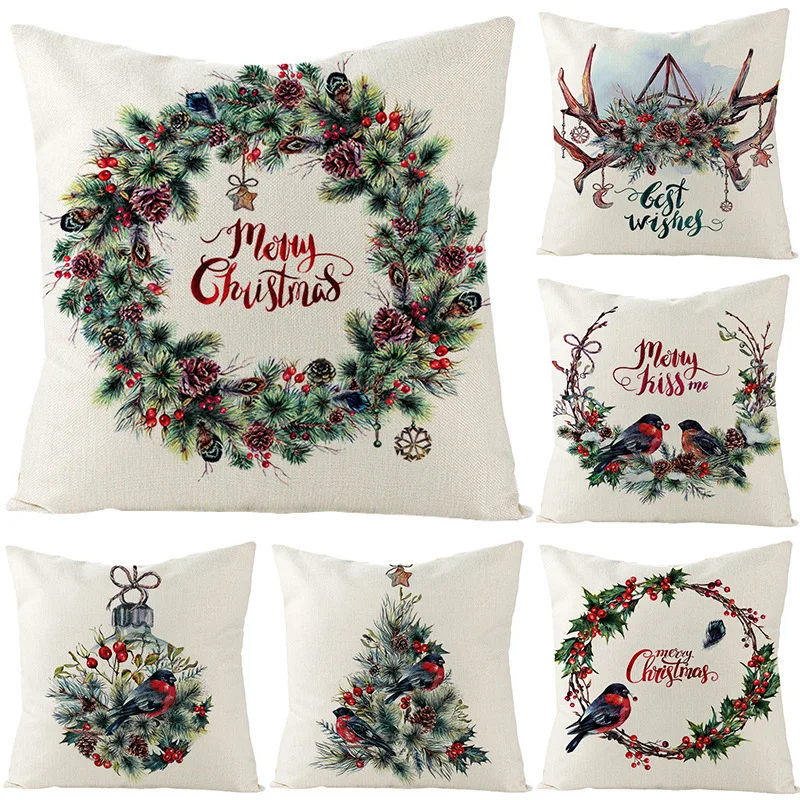 

2023 Merry Christmas Cushion Cover 45*45cm Flower Pillow Case Cotton Linen Sofa Cushions Xmas Cuscini Natalizi