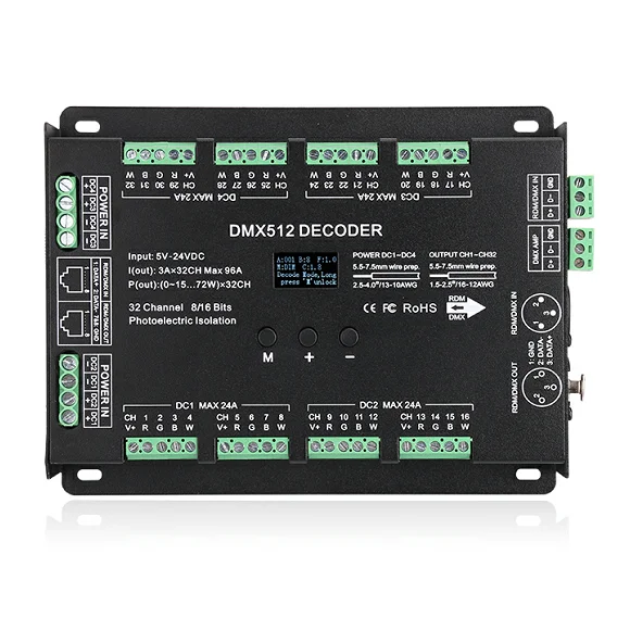 32CH DMX/RDM Decoder DC5V~DC24V DMX512 to Constant Voltage PWM RGB/RGBW Led Controller Ethernet DMX Controller