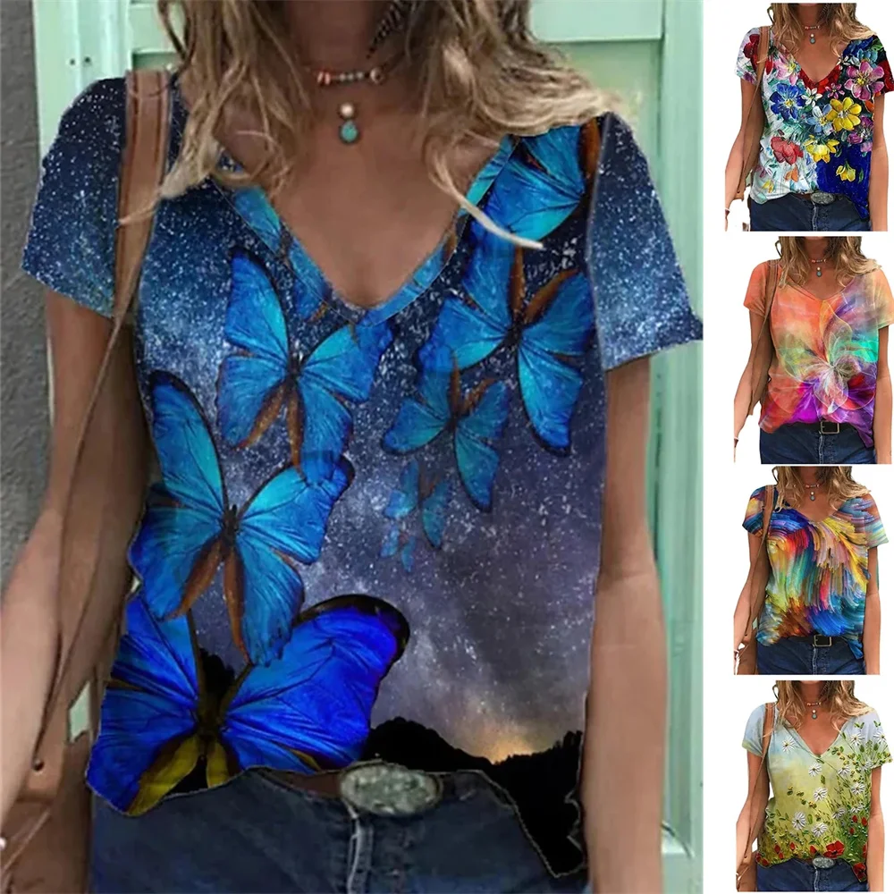 

Женский летний топ с цветочным принтом, базовая футболка с V-образным вырезом и принтом бабочки, джемпер с радужным 3D принтом, 2022