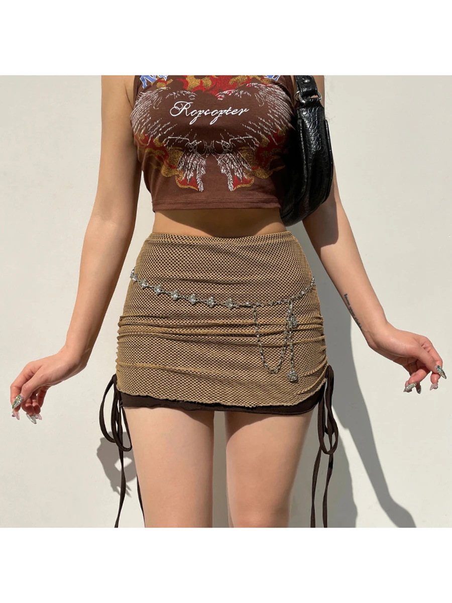 

Women Fashion Mini Skirt Fishnet Cutout Double-Layered Rhinestone Chain Short Skirt Side Drawstring Tie-Up Skirt