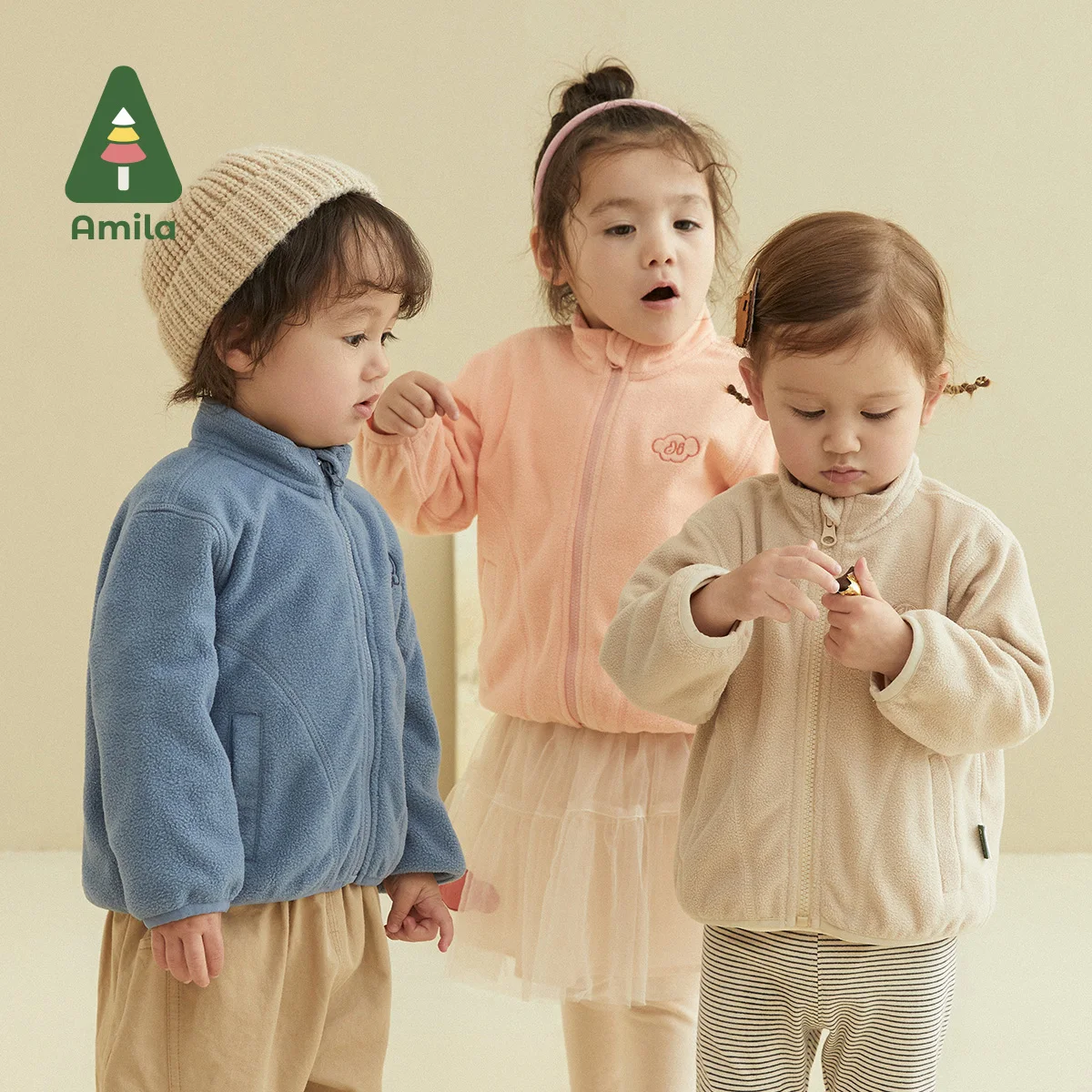 Amila Baby Coat 2022 Autumn New Polar Fleece Warm Solid Color Jacket Embroidered Girls and Boys Stand Collar Children's Clothes