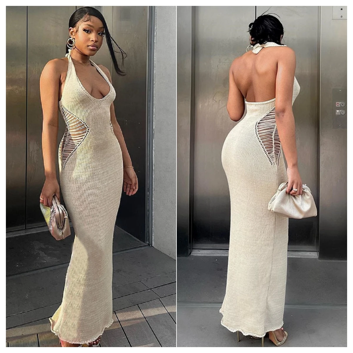 

Crocheted Long Dress Elegant Sexy Club Evening Dress 2023 Summer Women Elegant Luxury Bodycon V Neck Hollow Out Knitted Dresses