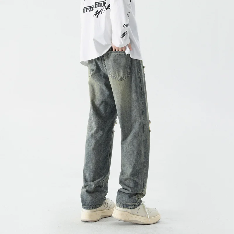 Solid Color Ripped Jeans for men casual men's pants y2k