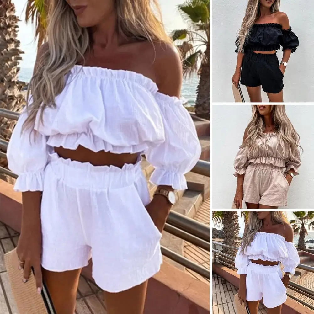 

Women Casual Short Sleeve Outfit 2023 Summer Fashion One-Word Collar Lantern Sleeve Pocket Suit Female Top Shorts Two Pieces Set