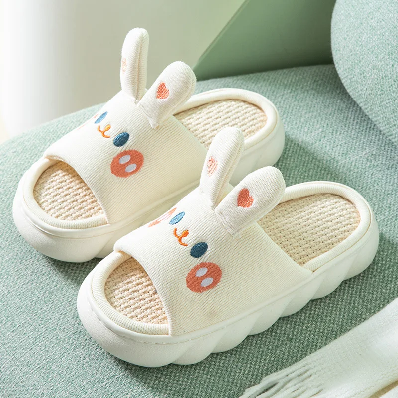 Thick Sole Cartoon Linen Slippers Female Cute Rabbit Anti-slip Sweat Home Comfy Sandals Four Seasons Family Cotton Slipper