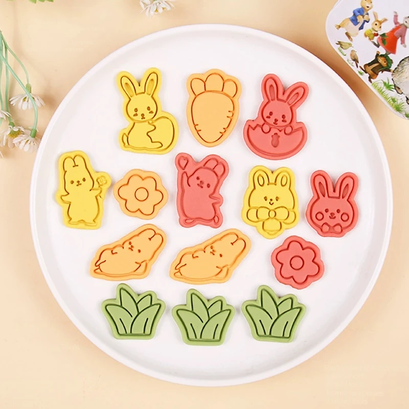 

2Pcs/Set 3D Cute Bunny Cookies Stamps and Cutters Cartoon Rabbit Hand Press Baking Biscuit Fondant Molds for Cake Decorating