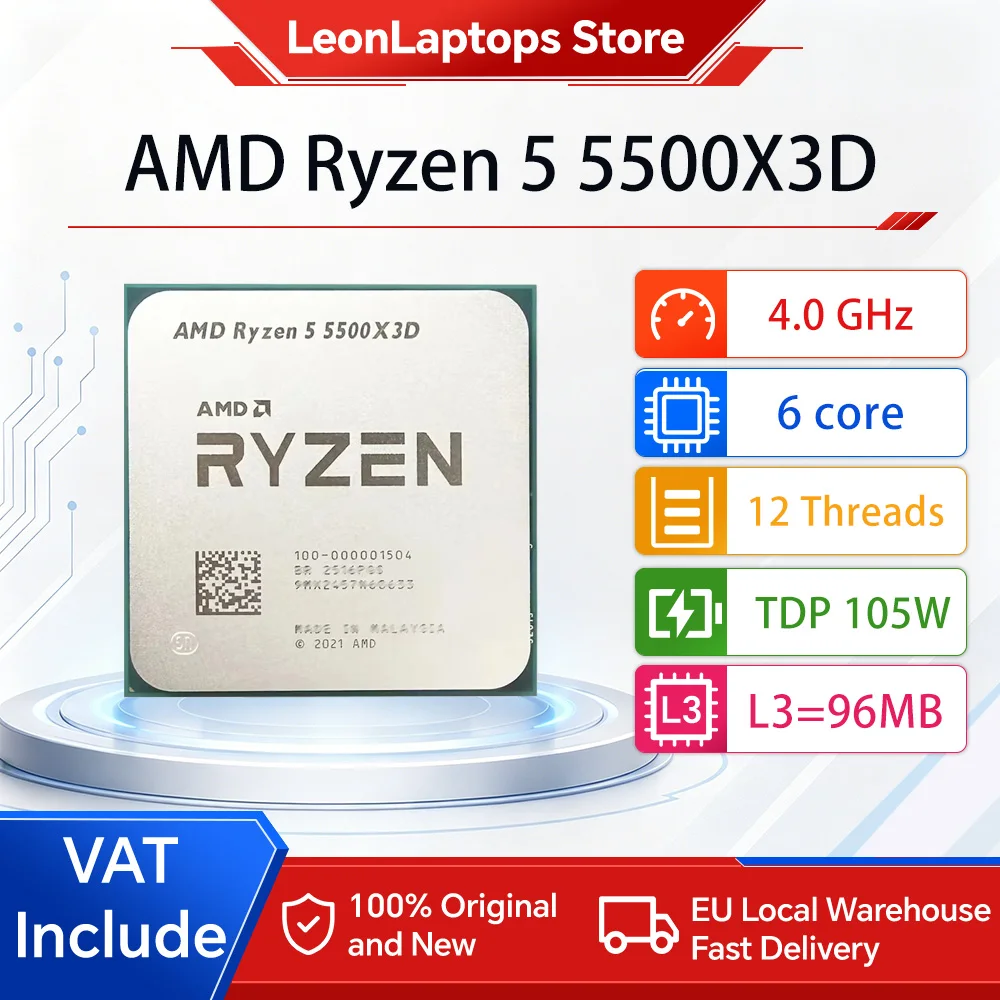 AMD Ryzen 5 5500X3D Processor 6-Core 12 Thread 96MB 3D V-Cache 105W AMD 5500X3D CPU Socket AM4 Zen3 7NM 4.0GHz Acceleration Frequency NoFan; Ryzen 5 5500X3D PCle 4.0 DDR4 3200MT/s With AM4 Motherboards Such as B450,B550,X570 Desktop Computer Component