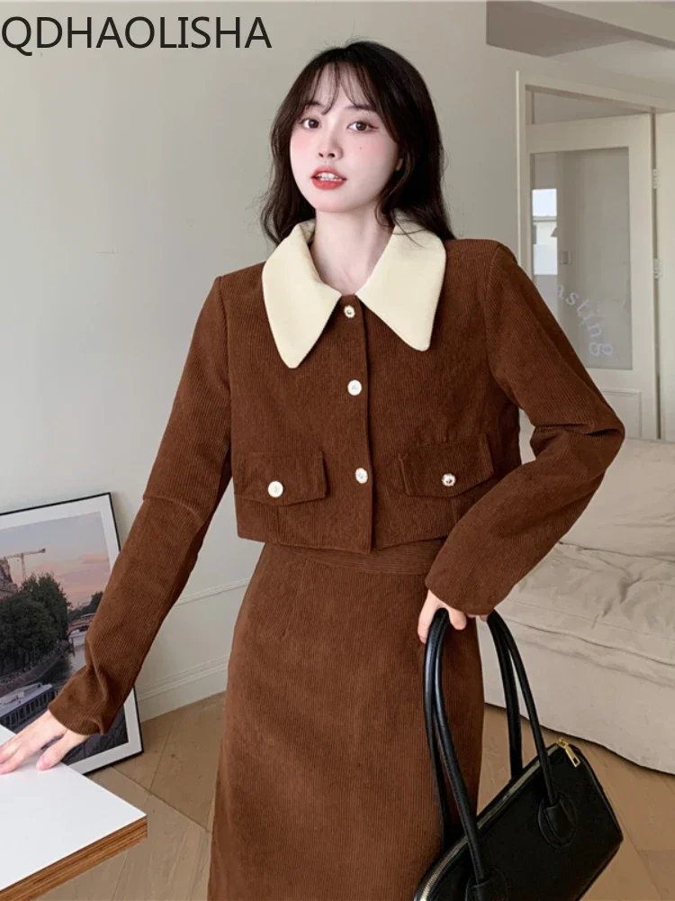

Sets for Women 2 Pieces Autumer Sweet Vintage Doll Neck Long Sleeve Coat Slimming Dress Set Corduroy 2 Piece Sets Women Outfit