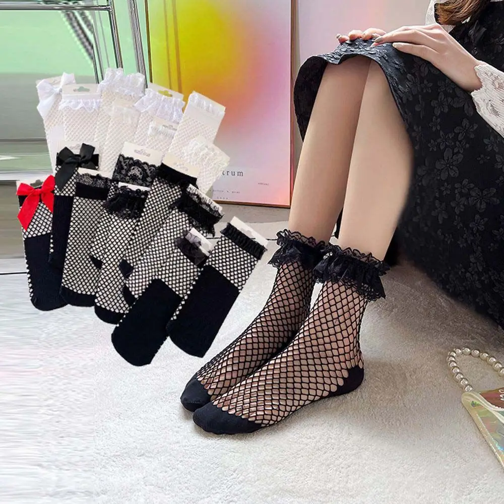 

Fashion Sweet Women's Bowknot Lace Fishnet Socks Cute Ladies Girl's Lolita Hollow Mesh Socks Elastic Female Hosiery