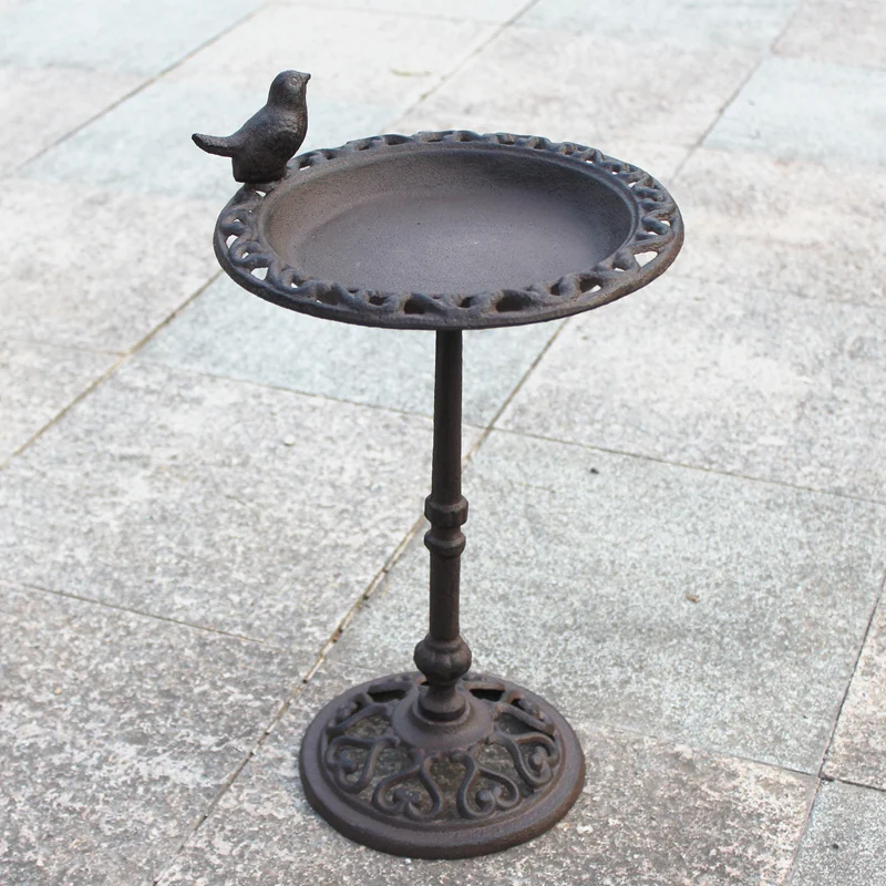 Rustic Brown Cast Iron Standing Bird Feeder Big With Hollow Round Bottom Base Farm House Accents Handmade Home Garden Bath