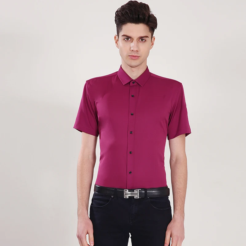 Men's Bamboo Fiber Dress Shirts Slim Fit Solid Short Sleeve Causal Button Down Shirts Men Elastic Non Iron Easy Care Formal Shir