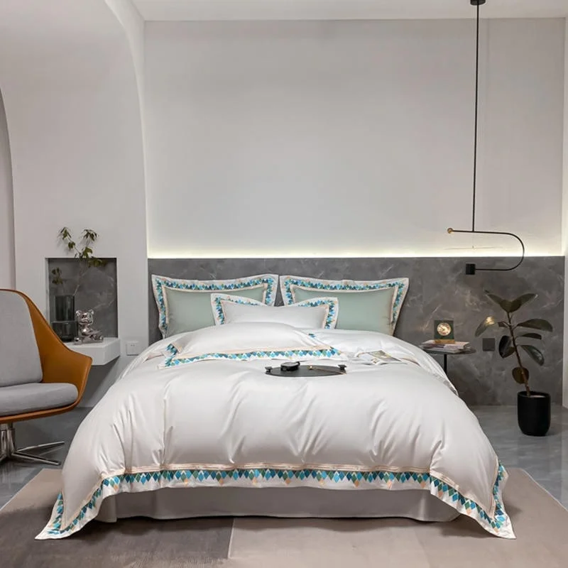 

White Green Embroidery Geometric Diamond Boho Duvet Cover Set Soft Luxury 1000TC Egyptian Cotton Bedding Double Queen King 4Pcs