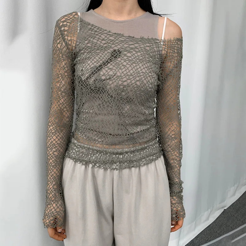 

Y2K Holes Crop Top Asymmetrical Full Sleeve Smock Top See Through Grunge T Shirt Women Fashion Streetwear Korean Tee