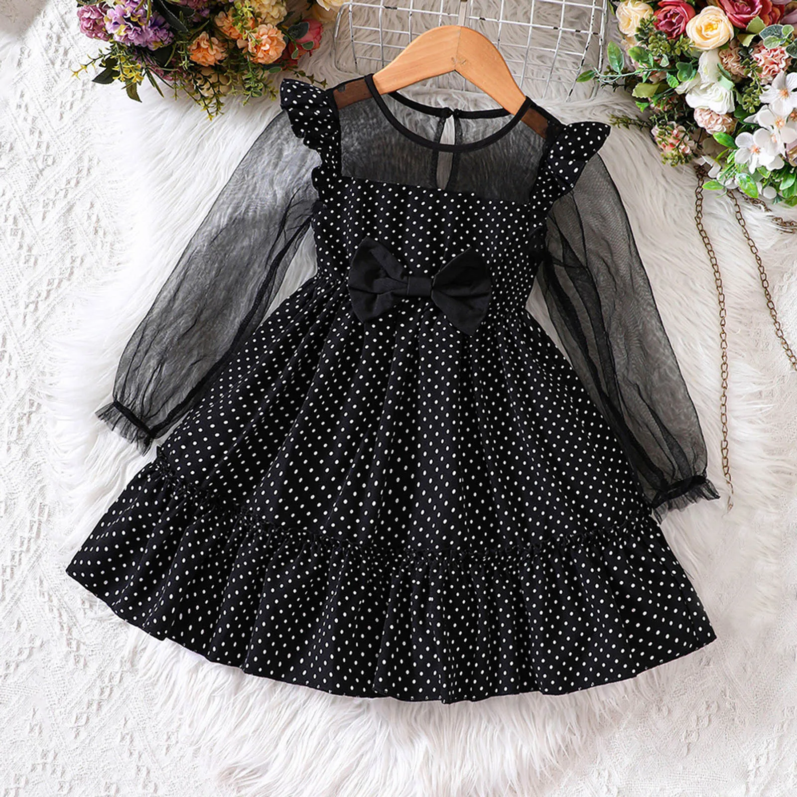 

Polka Dot Kids Princess Dresses Toddler Girls Lace Long Sleeve Bowknot Tulle Dress Children Wedding Birthday Party Dress Vestido