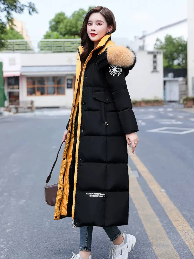 New Women Long Down Coat Winter Casual Fashion Two-Colour Detachable Real Fox Fur Collar Thicken Warm Belt Slim Down Jacket