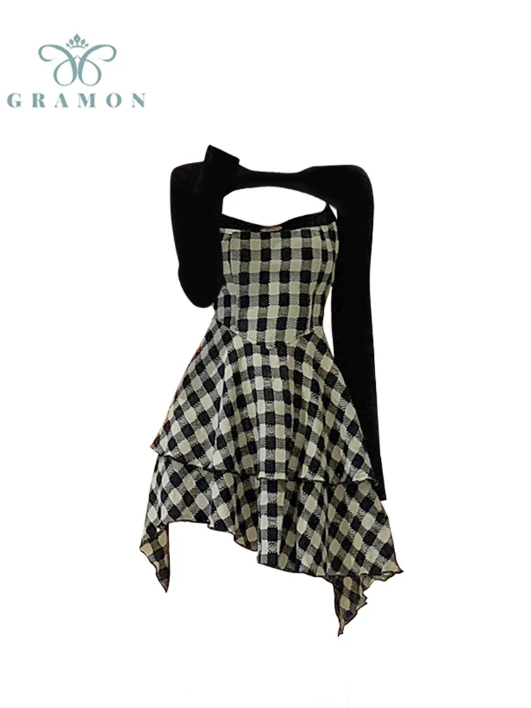 

Dresses For Women 2022 Summer Autumn French Vintage Irregular Plaid Female Dress Sexy Off Shoulder Tunic Slip Women's Dresses