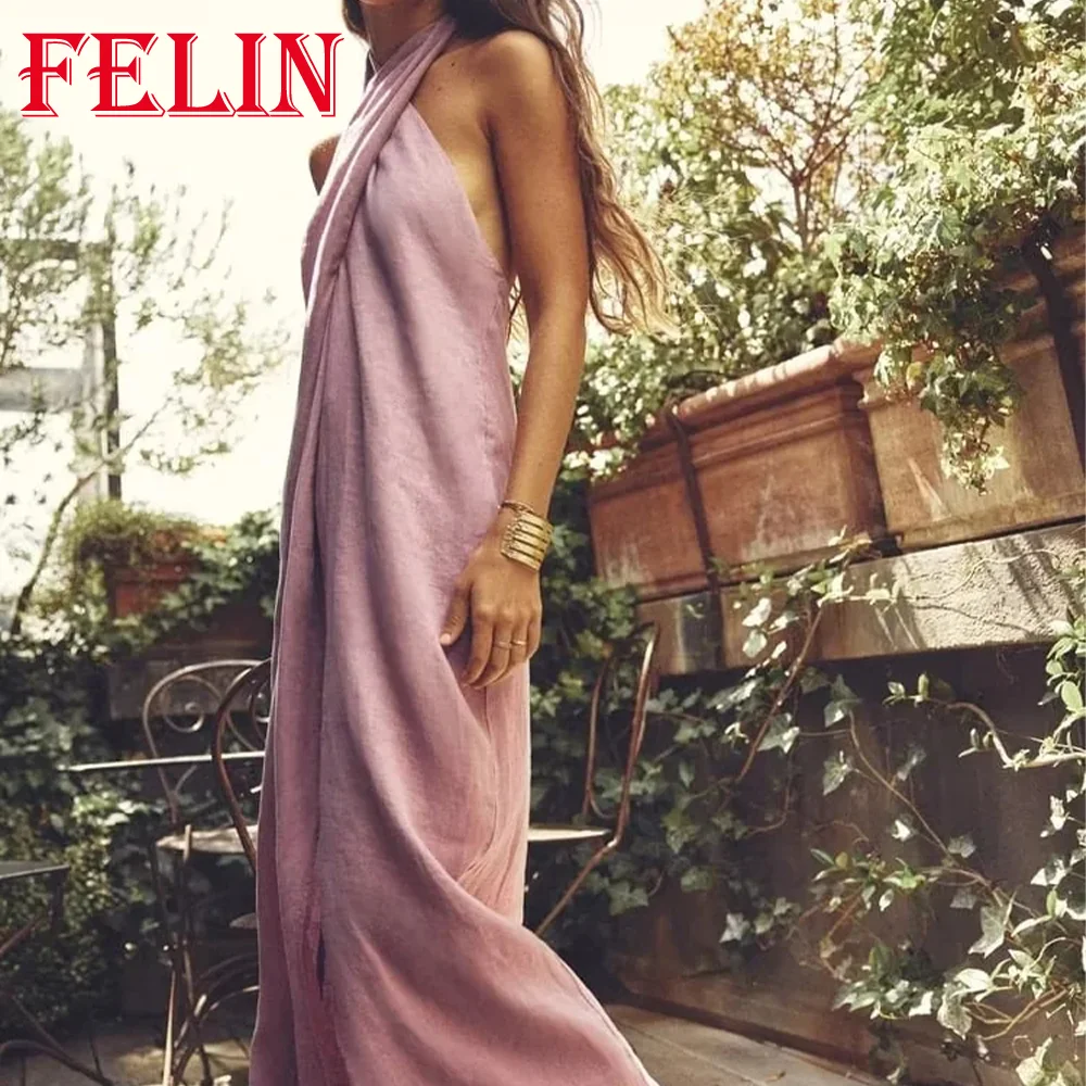 Летнее сексуальное приталенное розовое платье TRAF с лямкой на шее женское