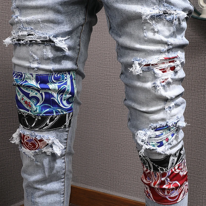Streetwear Fashion Men Jeans Retro Light Blue Stretch Slim Fit Hole Ripped Jeans Men Patch Designer Hip Hop Brand Pants Hombre