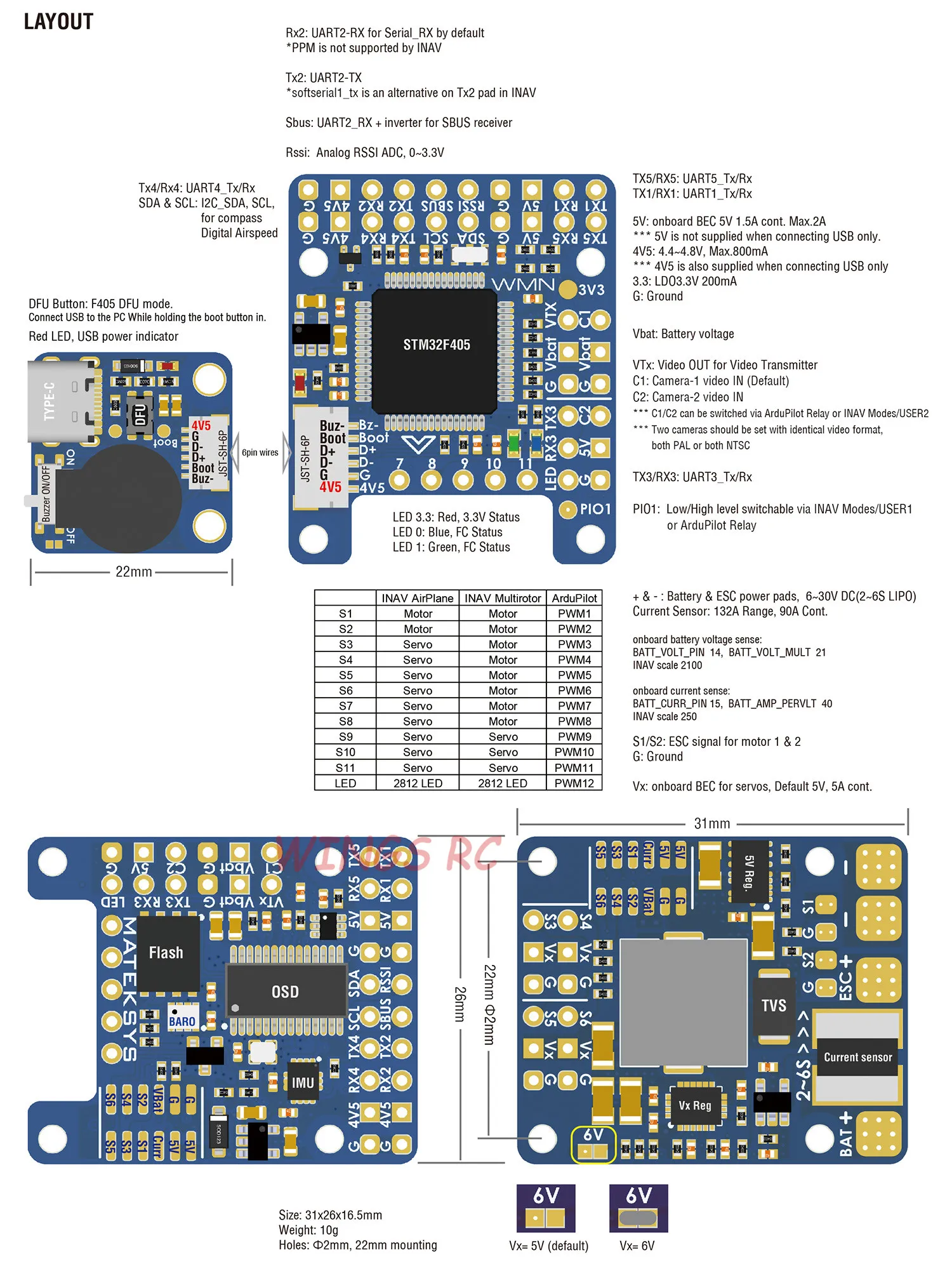 Контроллер полета Matek MATEKSYS F405-TE F405 FC STM32F405RGT6, Встроенный OSD S