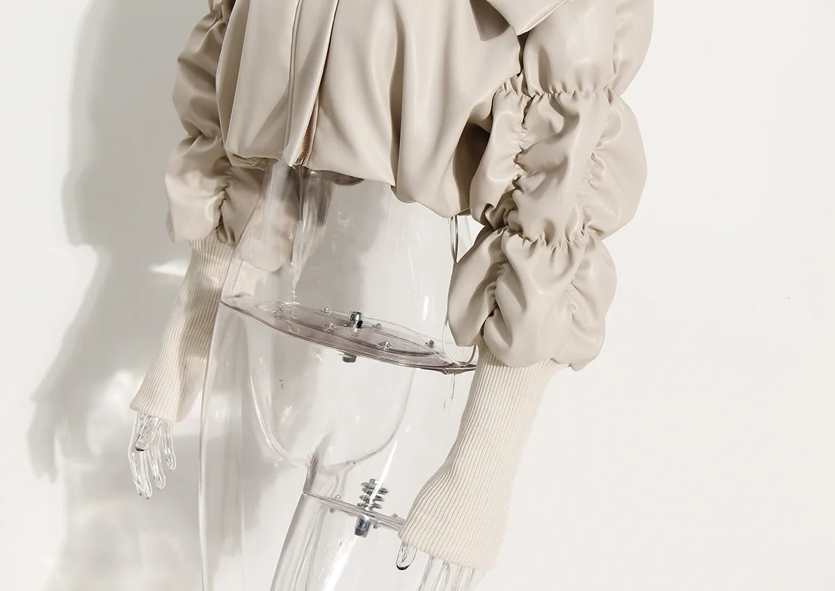 PU Leather Winter Cotton Padded Women Jacket New 2022 Casual Pleat Turndown Collar Thick Warm Plush Faux Leather Jackets Short