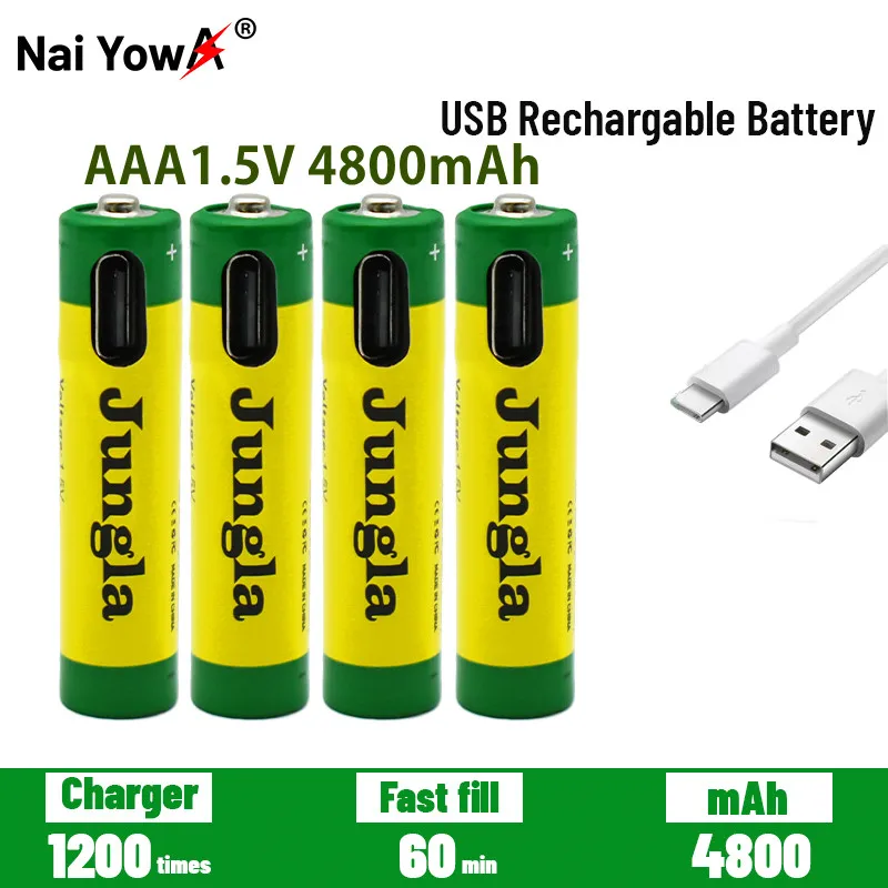 Batería de iones de litio 1,5 VAAA de carga rápida, capacidad de 4800mah, recargable por USB, para teclado de juguete