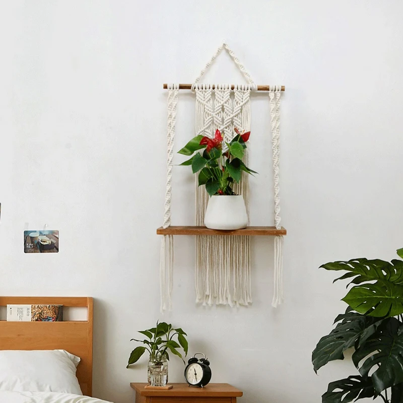 

Macrame Wall Hanging Shelves, Boho Decor Floating Shelves For Plant Pot, Bohemian Wall Decor For Bedroom, Living Room