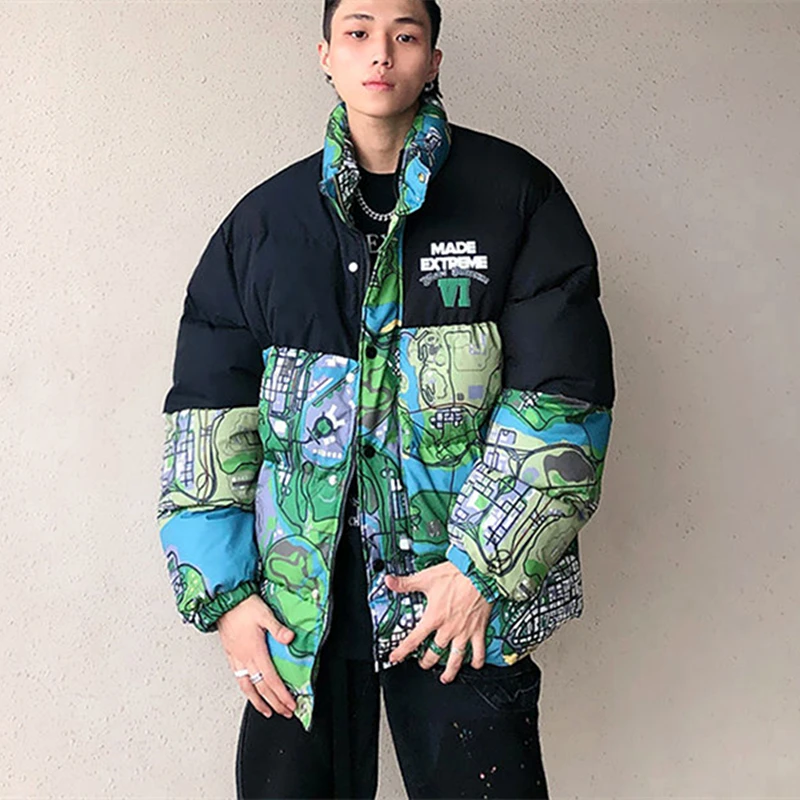 

Мужская хлопковая куртка с высоким воротником, темно-зеленая стеганая куртка большого размера с граффити и надписью, утепленная верхняя од...