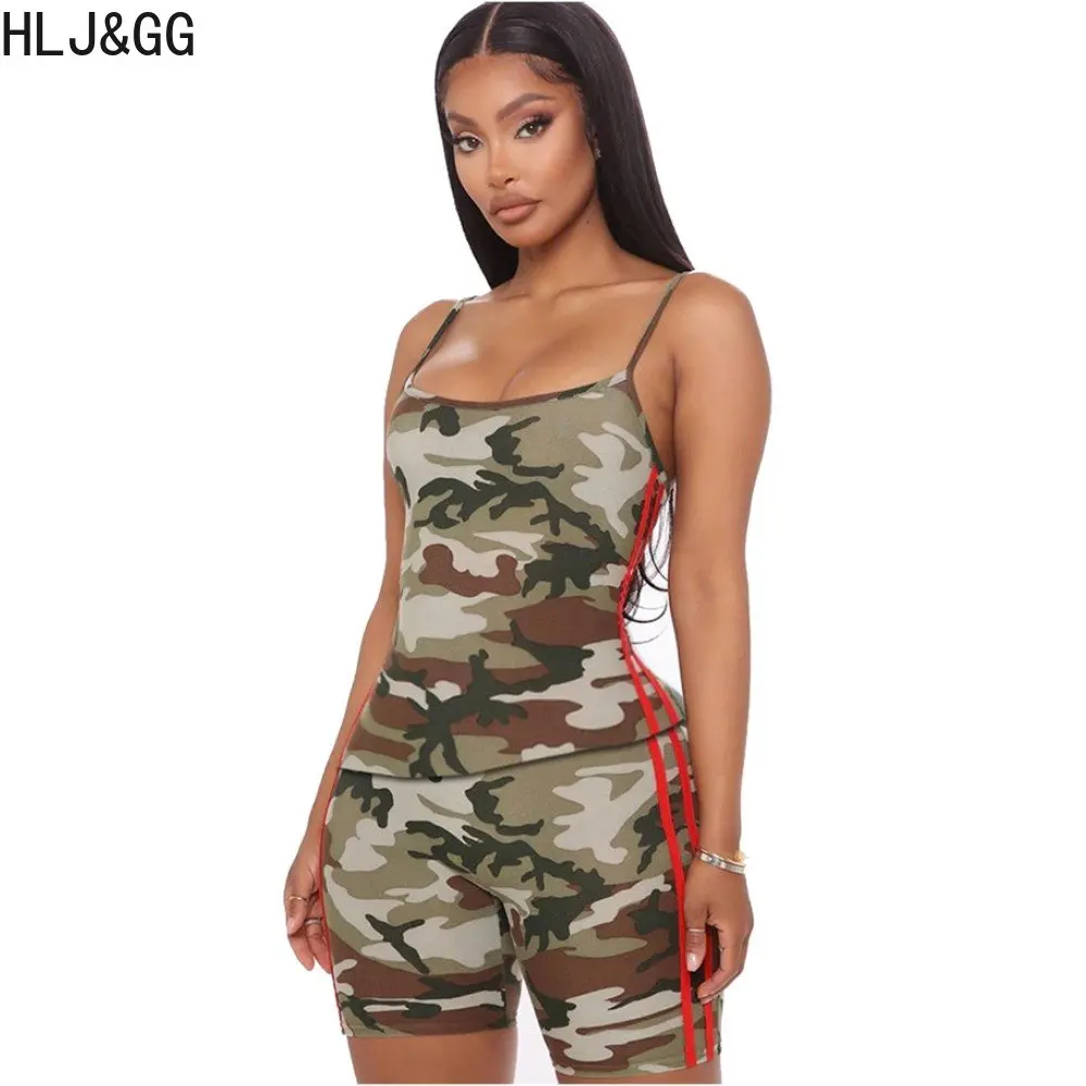 

HLJ&GG Casual Camouflage Printing Two Piece Sets Women Thin Strap Top And Biker Shorts Tracksuits Summer Sporty 2pcs Outfit 2023