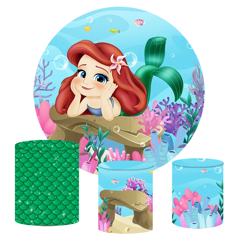 

Little Mermaid Birthday Circle Cover Princess Birthday Baby Shower Backdrop Disney Round Cylinder Cover Decorations Photo Prop