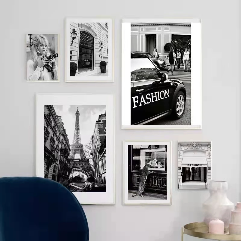 Парижская модная башня винтажная девушка черная белая настенная живопись на