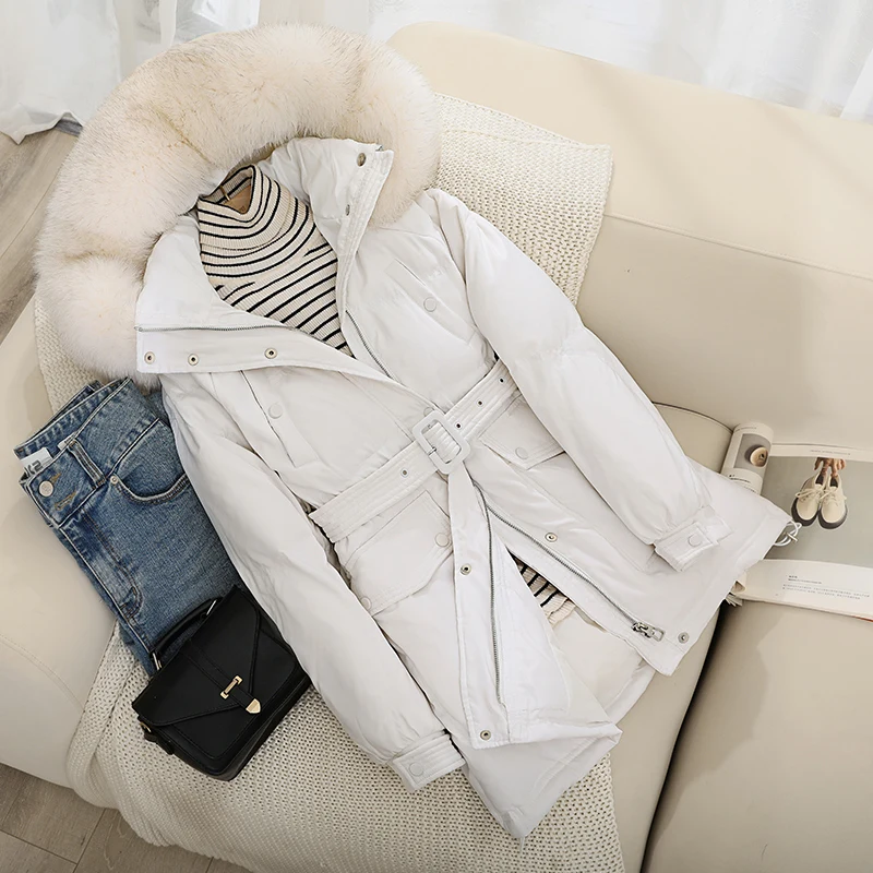 New Women Raccoon Fur Collar Long Down Jacket Casual Style Autumn Winter Coats And Parkas Female Outwear