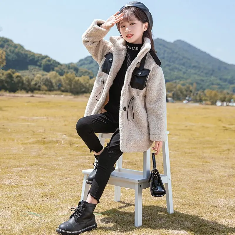

Girls' Cashmere Coat Autumn and Winter 2022 New Children's Foreign Style Plush Thickened Medium and Long Wool Sweater Coat