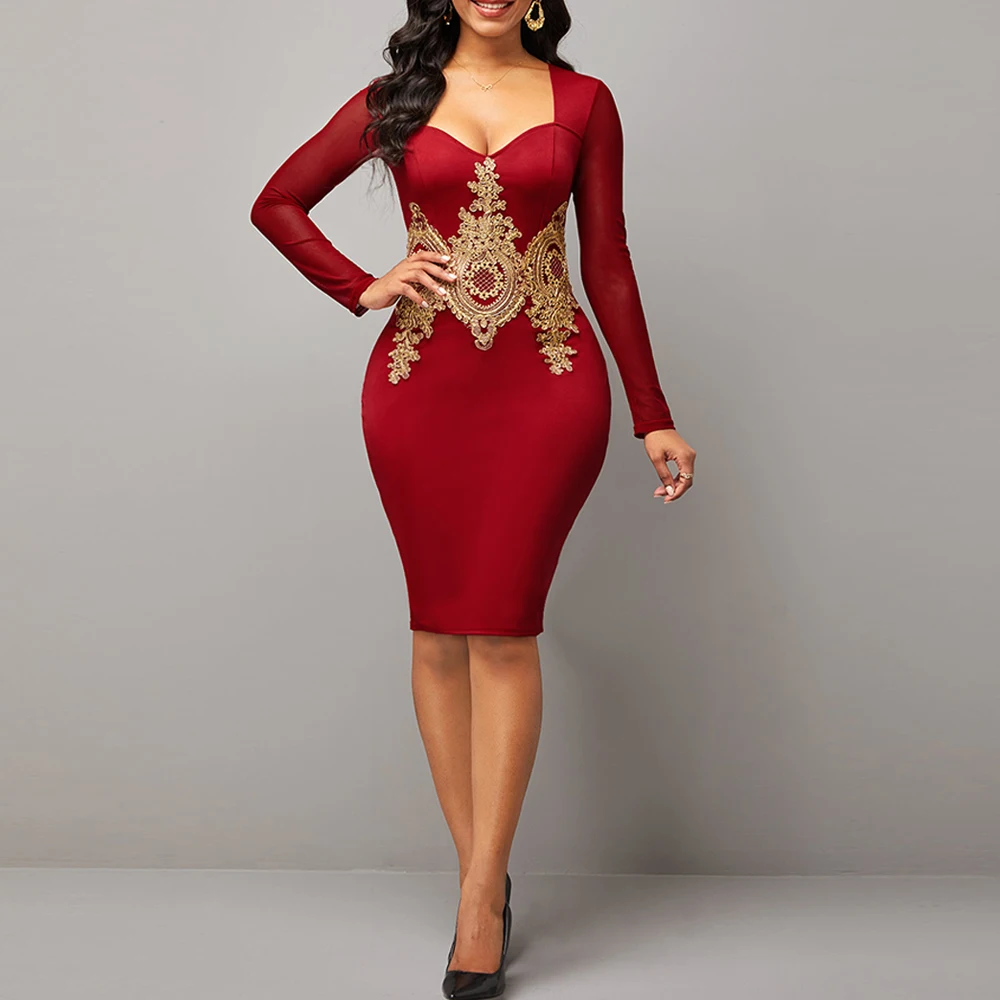 

OTEN Sexy Mesh Bodycon Dress Autumn Celebrity Ceremony Long Sleeve Gold Rayon Floral Embroidered Dinner Party Dresses Clubwear