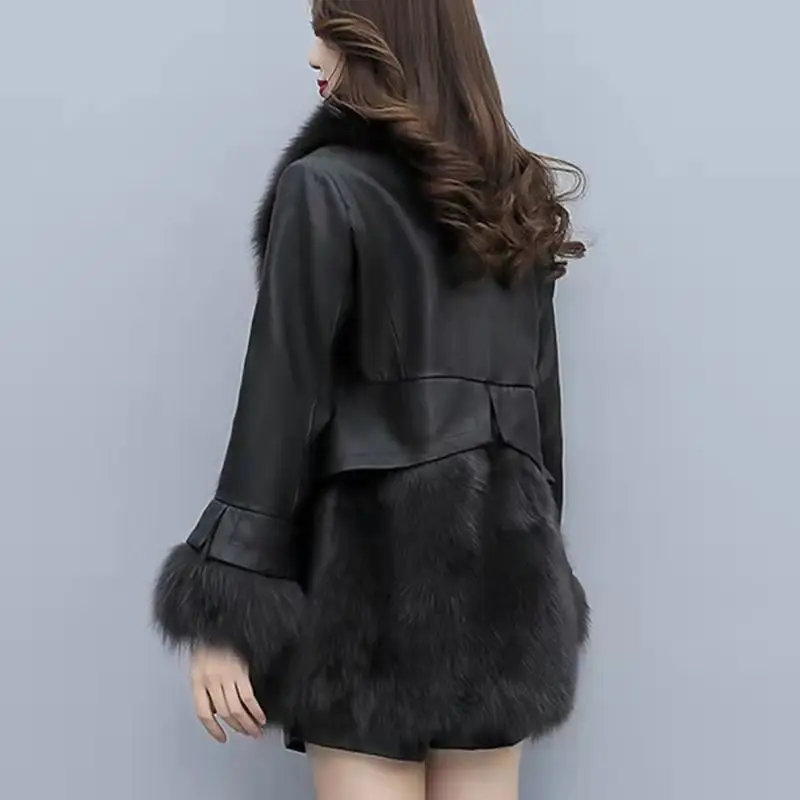 Winter Jacket Women 2022 New Mid Long Slim Black Faux Fur Coat Fox Fur Collar PU Leather Stitching Female Clothing Fashion Tops