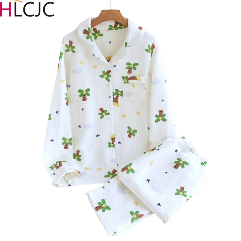 

Пижама женская хлопковая с длинным рукавом и принтом деревьев, плотная, осень 2023