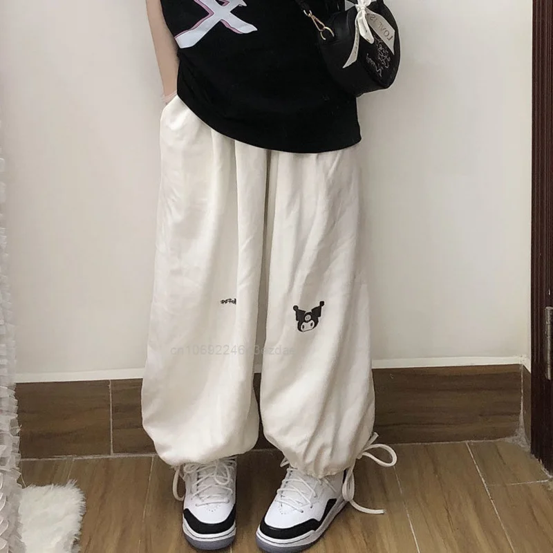 Kuromi Fashion Cartoon Casual Sports Pants Women Leisure Harajuku Grunge Wide Leg Trousers Y2k Girl Loose Drawstring Sweatpants