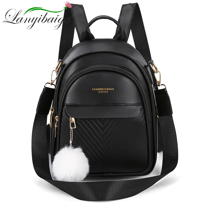 

Three-layer Zipper Women's Backpack Fashion Hair Ball Pendant Girl Student School Bags Solid Color Casual Travel Ladies Backpack