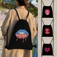 women drawstring backpack gym sports bagmaiden mouth print tote shoulder fashion storage bags canvas travel shoppers organizer