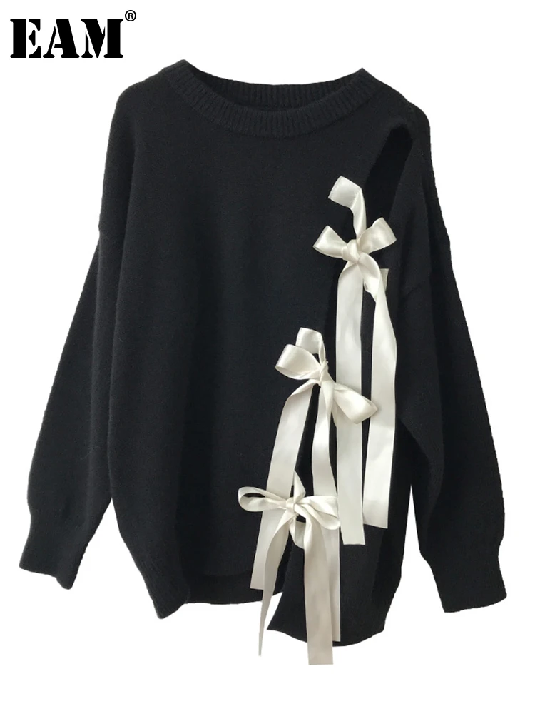 

[EAM] Big Zize Bow Knitting Loose Fit Round Neck Long Sleeve Women Pullovers New Fashion Tide Autumn Winter 2023 1DD0227