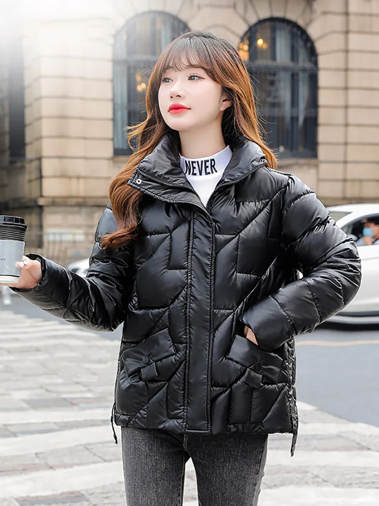 2022 Winter Jacket Women Short Womens Parkas Thicken Outerwear Solid Coats Shiny Female Slim Cotton Padded Basic Tops