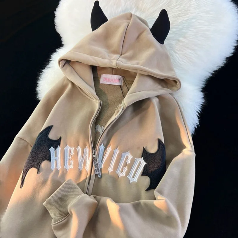 

Кардиган Goth Y2k мужской с капюшоном, утепленная уличная одежда с вышивкой в виде темного дьявольского рога, Свободная Повседневная Толстовка...