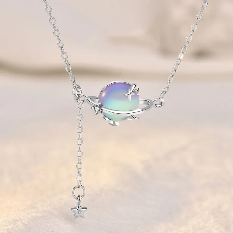 

Sterling Silver Moonstone Planet Necklace for Women Hand Inlaid Zircon Star Gradient color Pendant Clavicle Chain Choker Jewelry