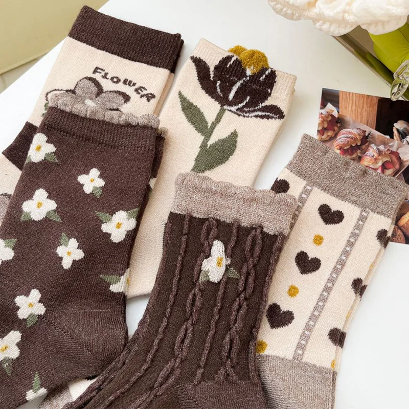 5 Pair Fashion Print Wool Socks For Women Cute Heart Thick Keep Warm Socks Set Cycling Korean Style Kawaii Female Calcetas Mujer